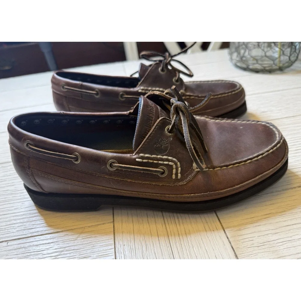 Timberland VTG Men's Boat Slip On Lace Up‎ Brown Leather Loafer Sz 9.5 M Classic